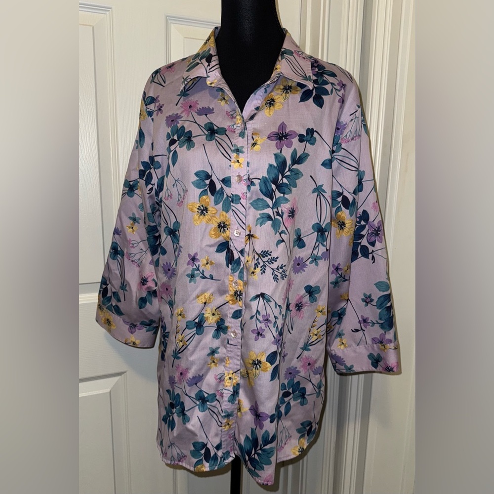 Coldwater Creek Purple and Yellow Floral Button Down Shirt
